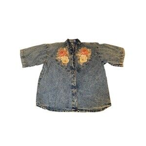 Vintage Pretty Bleu Bedazzled Applique Floral Jean Denim Women's Buttoned Shirt